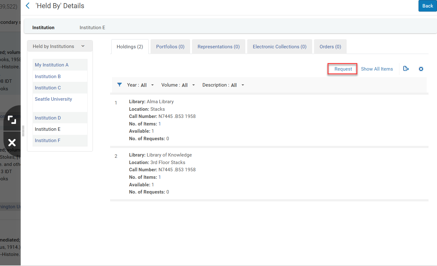 The Request button for Held By items.